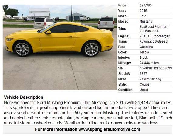 2015 FORD MUSTANG PREMIUM*24K*HEATED/COOLED LEATHER*BACKUP CAM*SWEET!! for sale in Glidden, IA – photo 2
