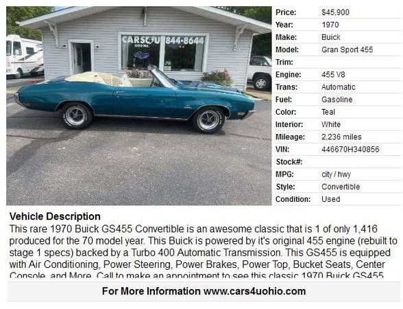1970 Buick GS 455 Convertible - - by dealer - vehicle for sale in Hamilton, OH – photo 2