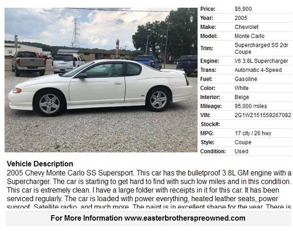 2005 CHEVY MONTE CARLO SS SUPER CHARGED, HEATER LEATHER, SUN ROOF,NICE for sale in Vienna, WV – photo 2