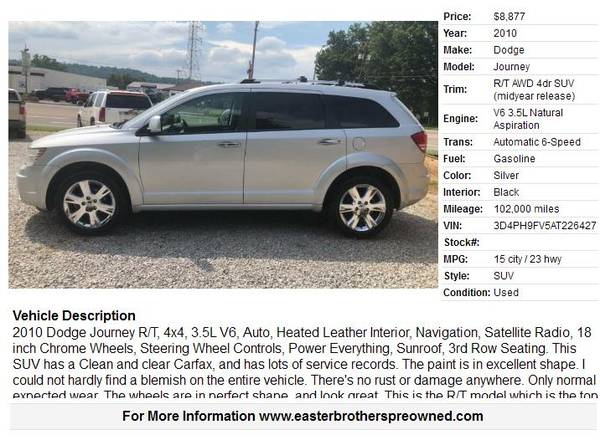 2010 DODGE JOURNEY RT AWD, HEATER LEATHER, NAV,3RD ROW, NICE AND CLEAN for sale in Vienna, WV – photo 2