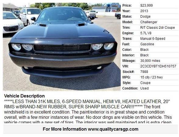 2013 Dodge Challenger R/T *ONLY 31K MI, 6-SPEED MANUAL, HTD LTHR* Hot! for sale in Grants Pass, OR – photo 2