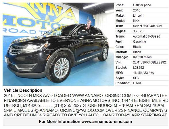 2016 LINCOLN MKX AWD,WE FINANCE YOU W/$499*DN TODAY-STOP BY OR CALL US for sale in Detroit, MI – photo 2