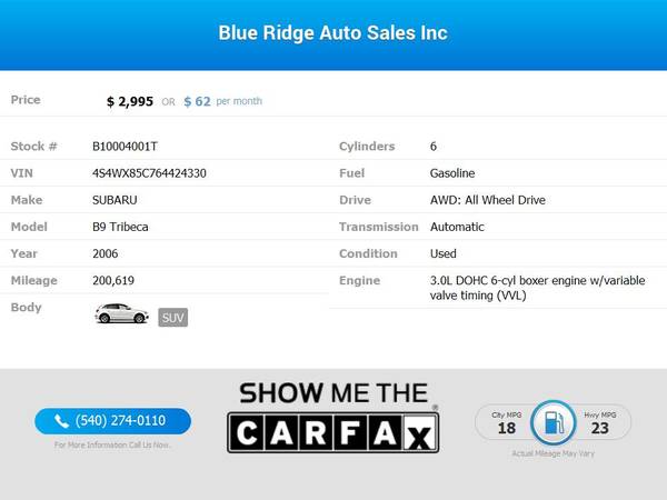 2006 Subaru B9 B 9 B-9 Tribeca 7-Pass Gray Int FOR ONLY - cars & for sale in Roanoke, VA – photo 2