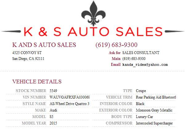 2015 Audi S5 Rear Parking Aid Bluetooth Keyless Start Fog SKU:5549 Aud for sale in San Diego, CA – photo 24
