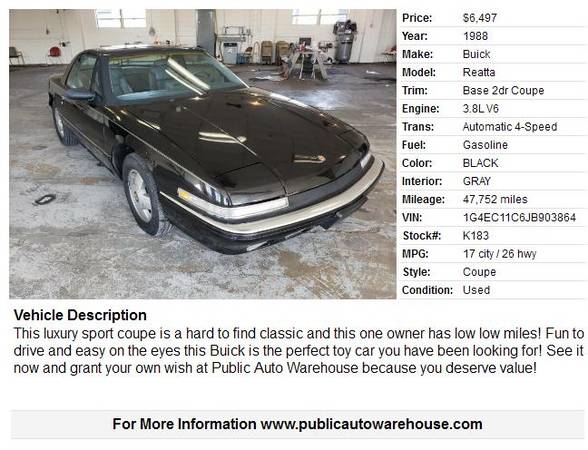 1988 BUICK REATTA - SUPER CLEAN AND LOW MILES!!! for sale in Pekin, IL – photo 3