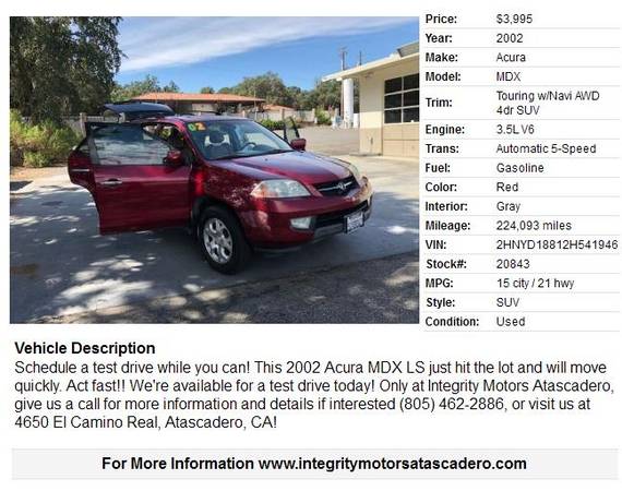 2002 Acura MDX Touring w/Navi AWD 4dr SUV 224093 Miles for sale in Atascadero, CA – photo 2