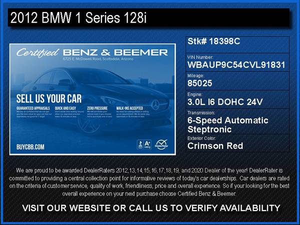 18398C - 2012 BMW 1 Series 128i 32095 ORIG MSRP Get Approved for sale in Scottsdale, AZ – photo 2