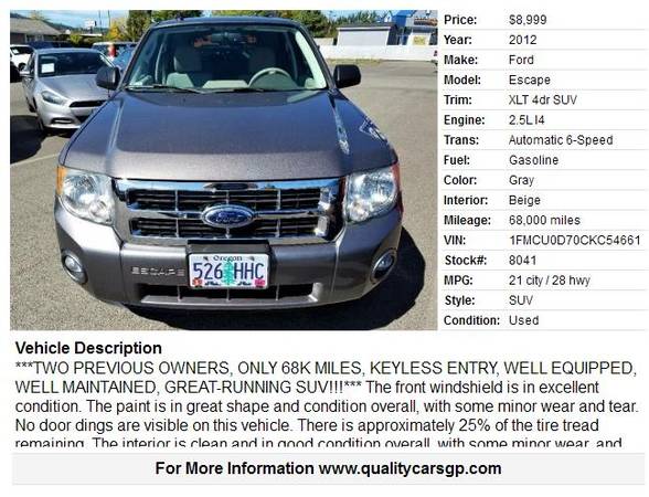 2012 Ford Escape XLT *2-OWNR, ONLY 68K MILES, KEYLESS ENT* Loaded!! for sale in Grants Pass, OR – photo 2