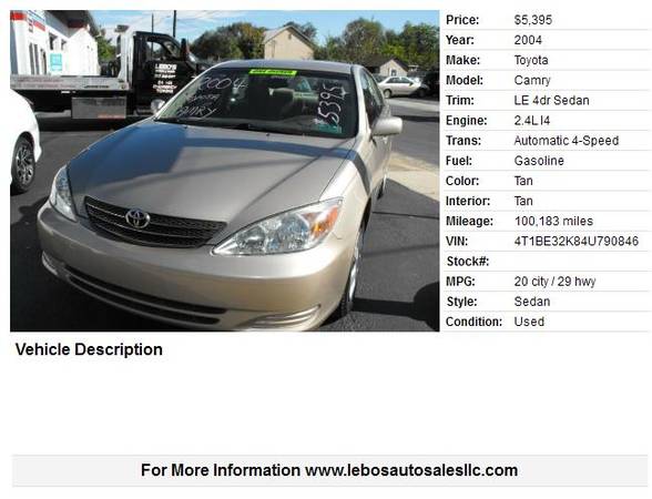 2004 Toyota Camry LE 4dr Sedan 100183 Miles for sale in Carlisle, PA – photo 2