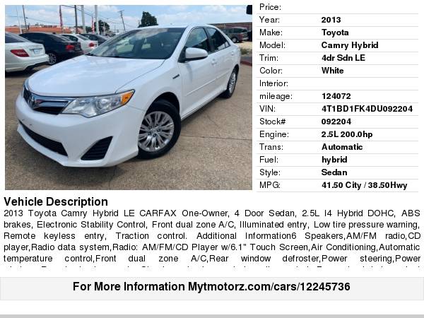 2013 Toyota Camry Hybrid 4dr Sdn LE *SUV* for sale in Arlington, TX