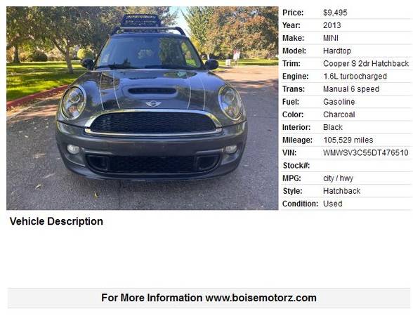 2013 MINI Hardtop Cooper S 6 SPEED MANUAL LOW MILES for sale in Boise, ID – photo 2