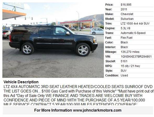 2011 CHEVY SUBURBAN LTZ 4X4...3RD SEAT...LEATHER...DVD...SUNROOF... for sale in East Wenatchee, WA – photo 2