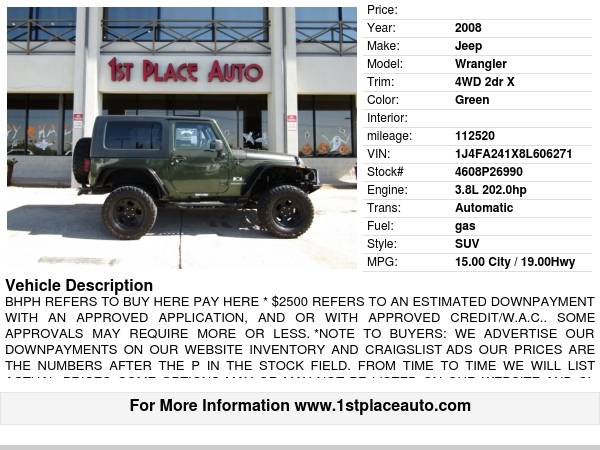 2008 Jeep Wrangler 4WD 2dr X - cars & trucks - by dealer - vehicle... for sale in Watauga (N. Fort Worth), TX