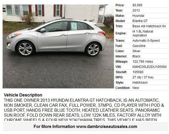 2013 Hyundai Elantra GT Base 4dr Hatchback 6A, 90 DAY WARRANTY!!! -... for sale in LOWELL, ME – photo 2