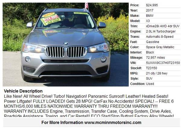 2017 BMW X3 xDrive28i - NAV! Leather! Panoramic Sunroof! FULLY for sale in Athens, TN – photo 2