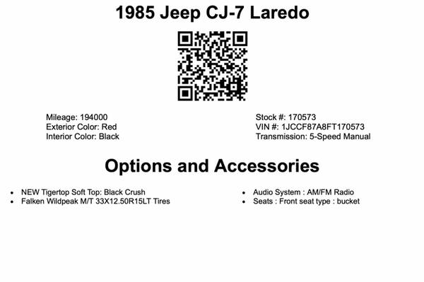 1985 Jeep CJ-7 Laredo - - by dealer - vehicle for sale in Other, SC – photo 2