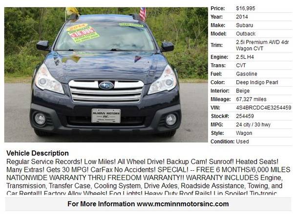 2014 Subaru Outback 2 5i Premium AWD - Low Miles! Backup Cam! for sale in Athens, TN – photo 2