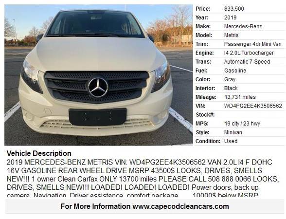 2019 Mercedes-Benz Metris Passenger 4dr Mini Van 13731 Miles - cars... for sale in Sagamore, MA, MA – photo 2