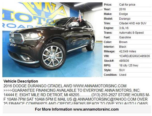 2016 DODGE DURANGO CITADEL AWD,WE FINANCE YOU W/$799*DN TODAY-STOP BY for sale in Detroit, MI – photo 2