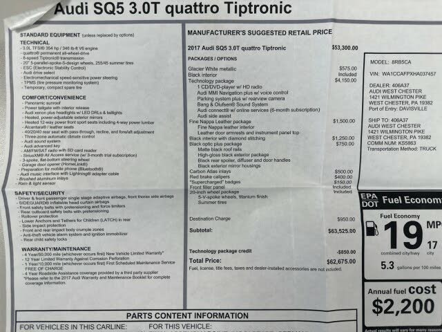 2017 Audi SQ5 3.0T quattro Premium Plus AWD for sale in West Chester, PA – photo 63