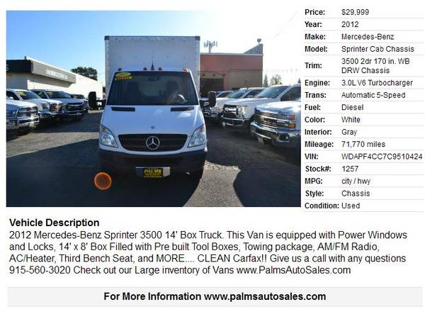 2012 Mercedes-Bens 3500 Sprinter Chassis 14' Box Truck for sale in Citrus Heights, CA – photo 3