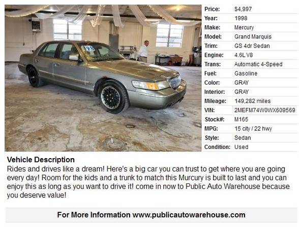 1998 MERCURY GRAND MARQUIS GS - - by dealer - vehicle for sale in Pekin, IL – photo 3