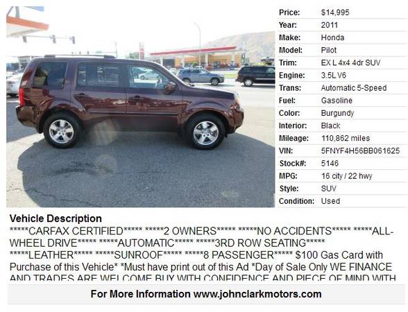 2011 HONDA PILOT 4X4...3RD SEAT...LEATHER...8 PASSENGER...CARFAX CLEAN for sale in East Wenatchee, WA – photo 2