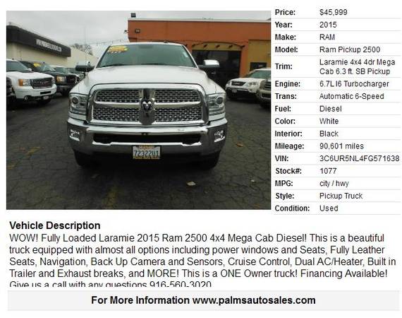 2015 Ram 2500 Pickup 4x4 Mega Cab Laramie 4dr Diesel for sale in Citrus Heights, CA – photo 2