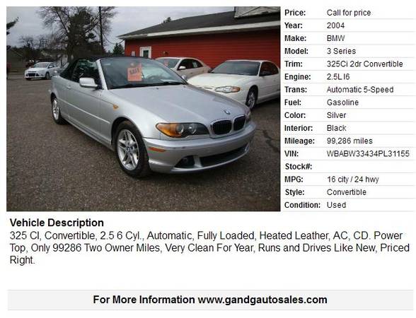 2004 BMW 3 Series 325Ci 2dr Convertible 99286 Miles for sale in Merrill, WI – photo 2