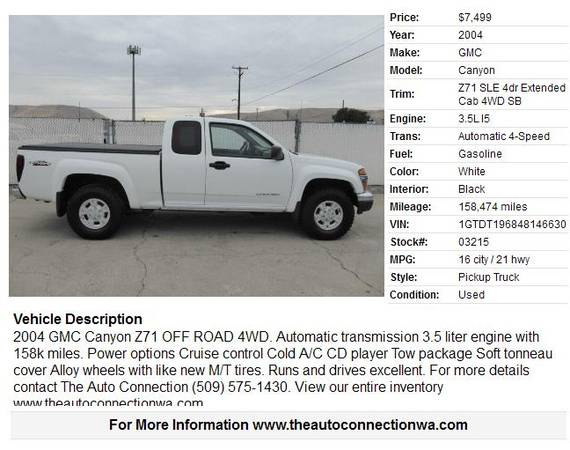 2004 GMC Canyon Z71 OFF ROAD 4WD for sale in Union Gap, WA – photo 2