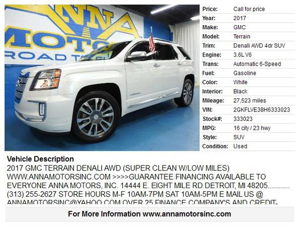 2017 GMC TERRAIN DENALI AWD,WE FINANCE W/$699*DN TODAY-STOP BY-CALL US for sale in Detroit, MI – photo 2