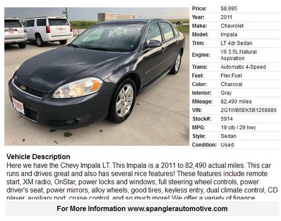 2011 CHEVY IMPALA LT*82K MILES*REMOTE START*GREAT RIDE*CLEAN CAR!! for sale in Glidden, IA – photo 2