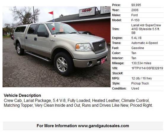 2006 Ford F-150 Lariat 4dr SuperCrew 4WD Styleside 5.5 ft. SB 130534 M for sale in Merrill, WI – photo 2