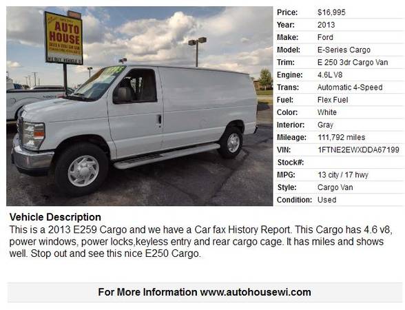 2013 Ford E250 Cargo Good miles power windows Lock, cold a/c Nice! for sale in Waukesha, WI – photo 2
