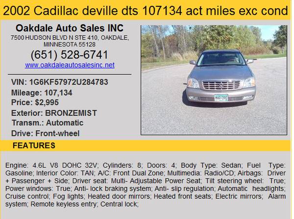 2002 CADILLAC DEVILLE DTS 107134 ACT MILES EXCELLENT CONDITION for sale in Saint Paul, MN