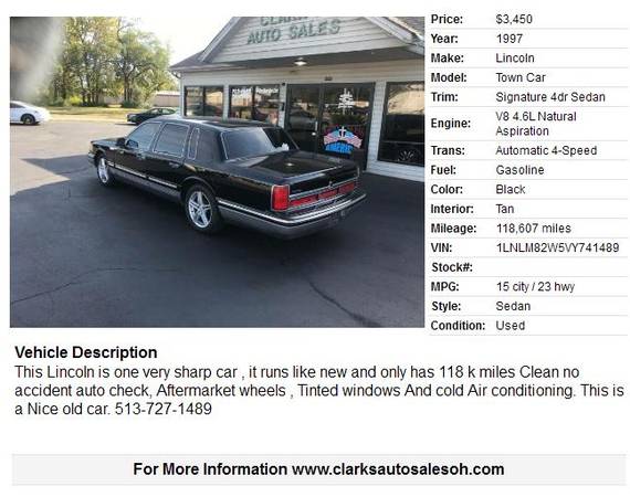 1997 Lincoln Town Car Signature 4dr Sedan 118607 Miles for sale in Middletown, OH – photo 2