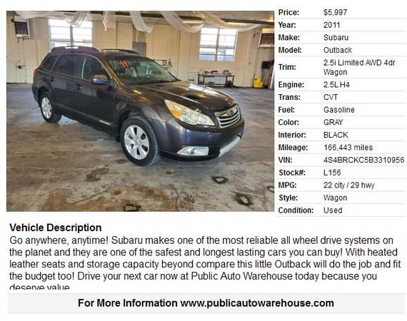 2011 SUBARU OUTBACK 2.5I LIMITED - SOLD!!! - cars & trucks - by... for sale in Pekin, IL – photo 3
