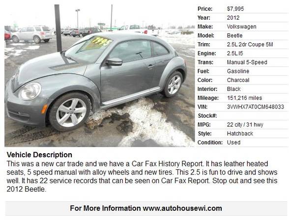 2012 Volkswagen Beetle 2 5L 5 speed heated leather new tires Nice! for sale in Waukesha, WI – photo 2