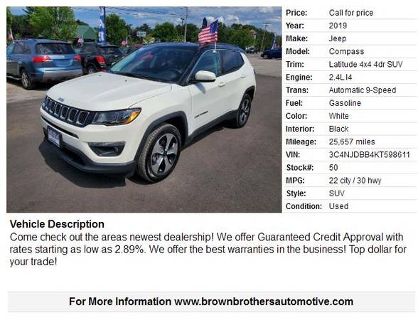 2019 Jeep Compass Latitude 4x4 4dr SUV 25657 Miles for sale in Hudson Falls, NY – photo 2