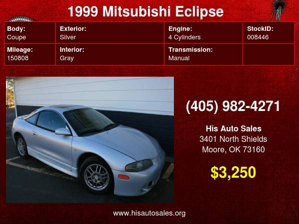 1999 Mitsubishi Eclipse 3dr Cpe GS Manual - - by for sale in MOORE, OK