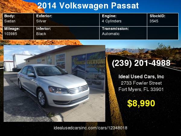 2014 Volkswagen Passat 4dr Sdn 1.8T Auto Wolfsburg Ed PZEV with Light for sale in Fort Myers, FL