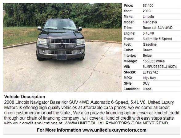 2008 Lincoln Navigator Base 4dr SUV 4WD 155355 Miles for sale in Stone Mountain, GA – photo 2