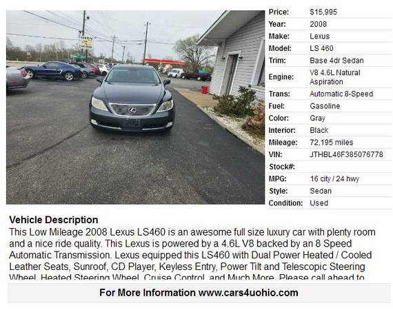 2008 Lexus LS 460 75000 Miles - - by dealer - vehicle for sale in Hamilton, OH – photo 2