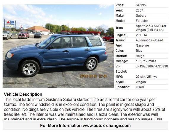 2007 Subaru Forester Sports 2.5 X AWD 4dr Wagon (2.5L F4 4A) 185717 Mi for sale in Neenah, WI – photo 2