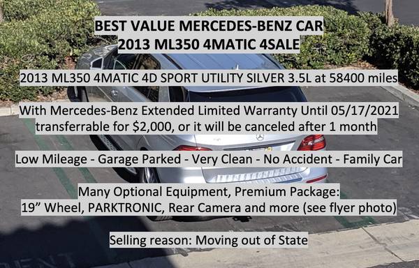 BEST VALUE 2013 Mercedes-Benz ML350 4MATIC 58400 miles t able Warranty for sale in Irvine, CA – photo 2