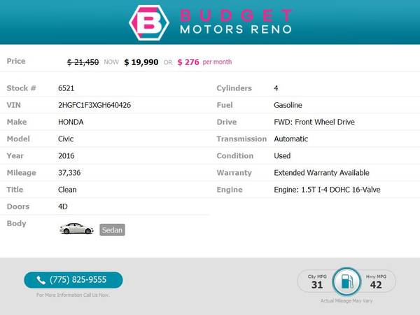 2016 Honda *Civic* Sedan $19,990 for sale in Reno, NV – photo 2