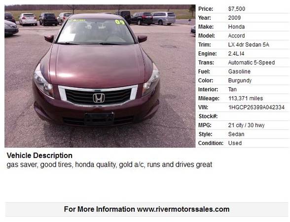 2009 Honda Accord LX 4dr Sedan 5A 113371 Miles - - by for sale in Portage, WI – photo 2