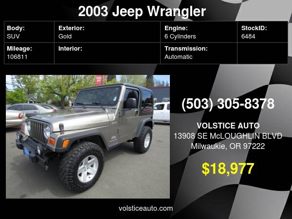 2003 Jeep Wrangler 2dr Sport BRONZE 106K AUTO HARDTOP THE BEST ! for sale in Milwaukie, OR