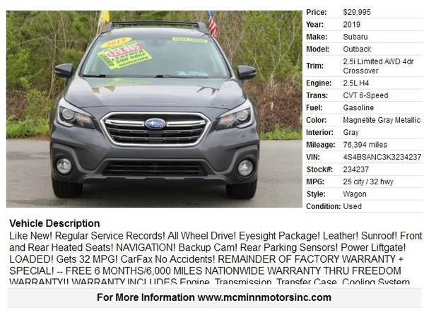 2019 Subaru Outback 2 5i Limited AWD - Eyesight Pkg! Leather! for sale in Athens, TN – photo 2