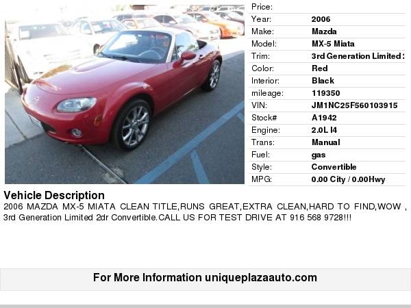 2006 Mazda MX-5 Miata 3rd Generation Limited 2dr Convertible ** EXTRA for sale in Sacramento , CA